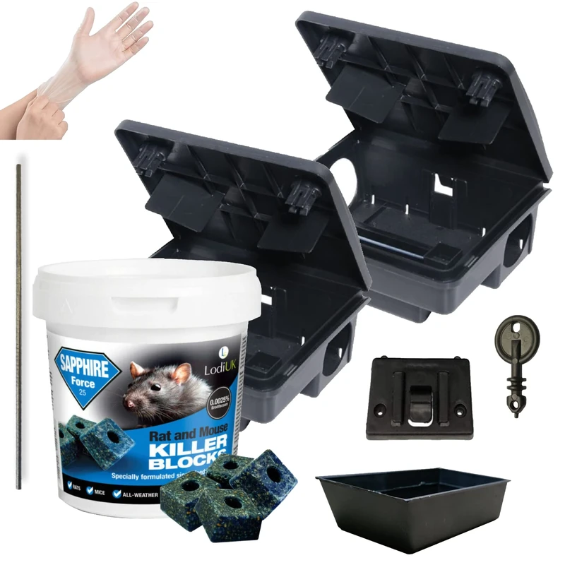 2 Professional Rat Bait Station Boxes & 300g Single Feed Poison Bait Blocks Advanced Formula Kit All weather