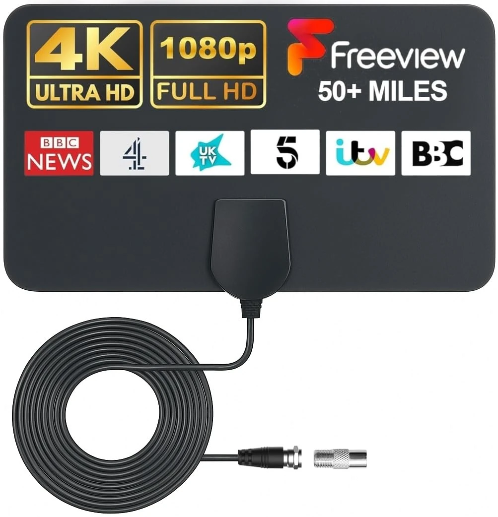 GLOBAL TECH TV Aerial Indoor - Digital TV Ariels Indoor 50 Miles HD TV Antenna for Freeview Channels - Ultra Thin TV Aerial for Stronger Signal with 13 FT Long Cable