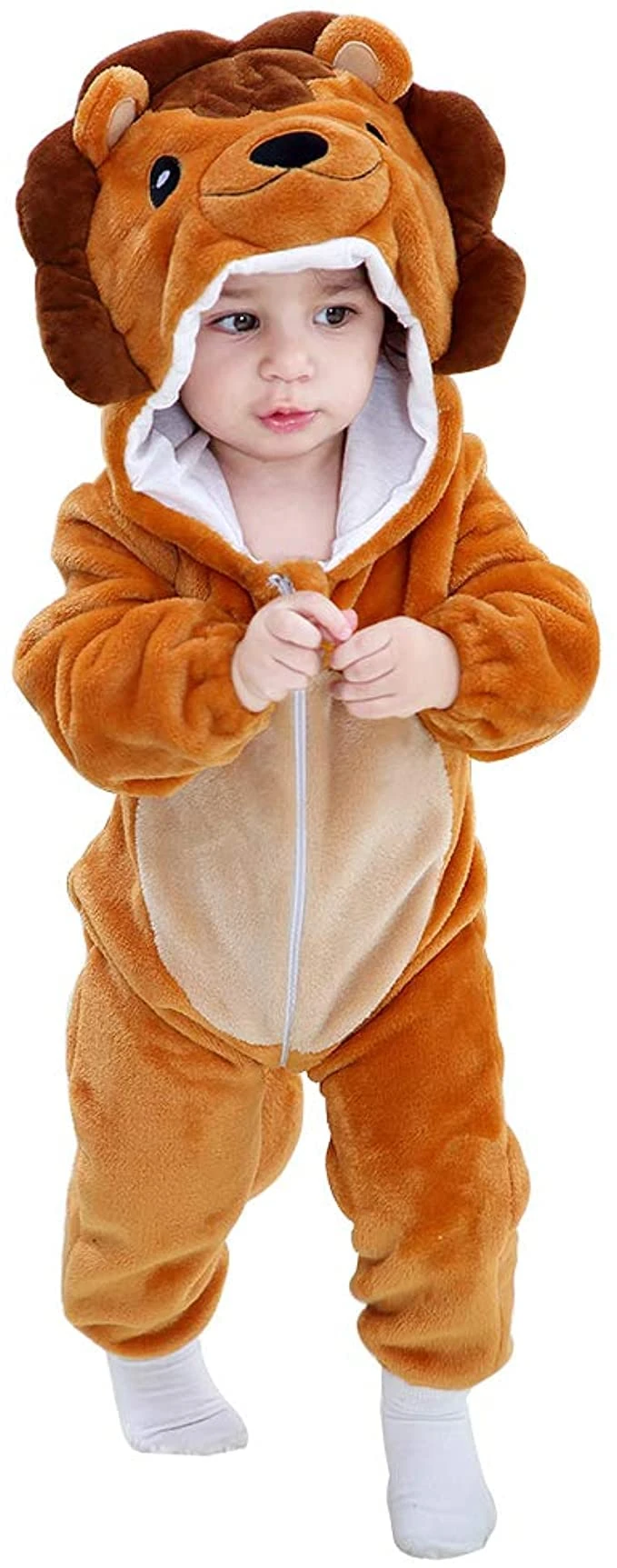 maxToonrain Baby Lion Costume Romper Toddler Boys & Girls Role-Playing Outfit with Zipper Hooded Flannel Lion Onesie Pajamas (12-18 Months)