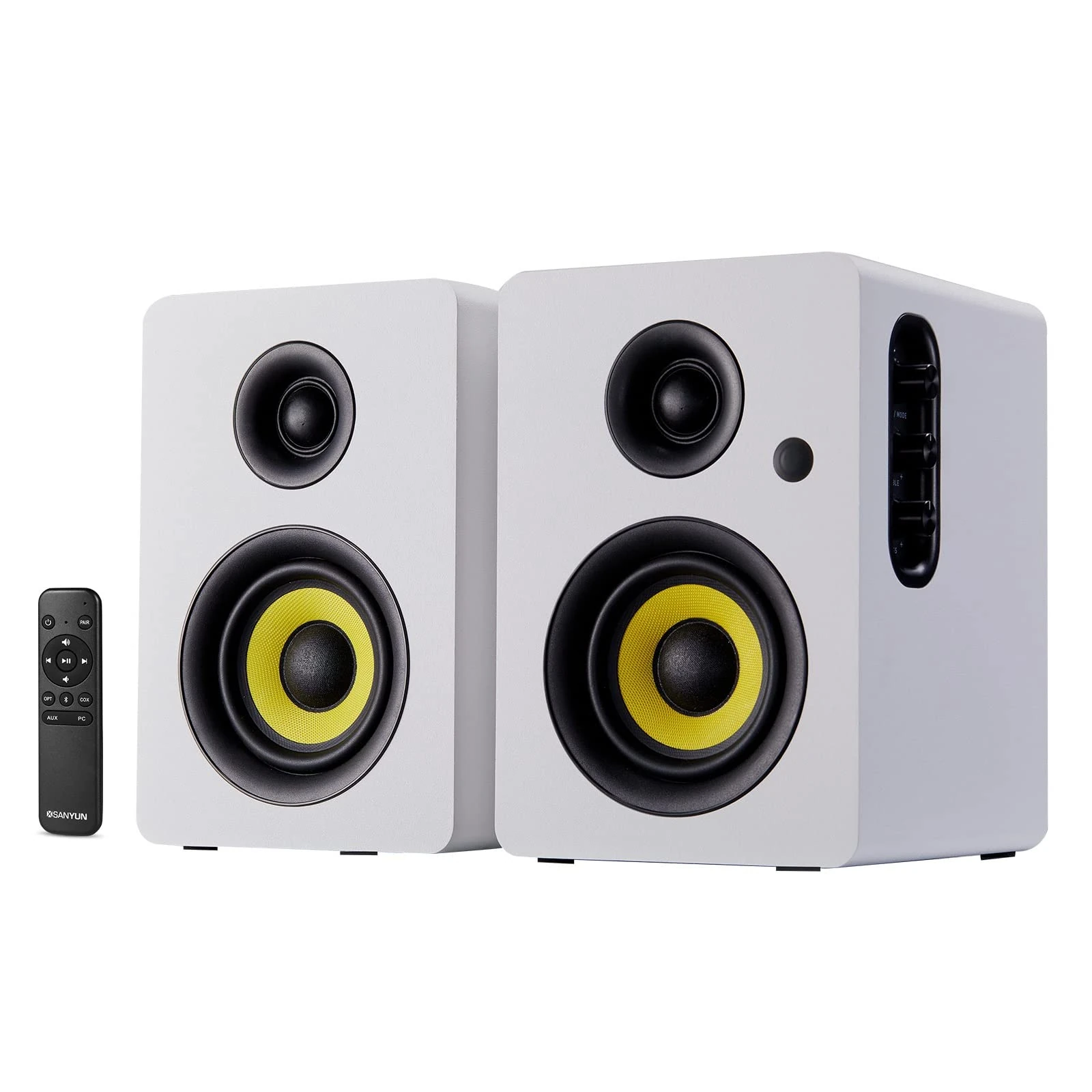 Sanyun SW206 4” HiFi Bookshelf Speakers with Studio Mode, 80W Active, Bluetooth 5.4/Optical/Coaxial/TRS/Aux/24bit DAC USB, for Turntable TV PC Desktop, MDF Cabinet, Remote Control, White