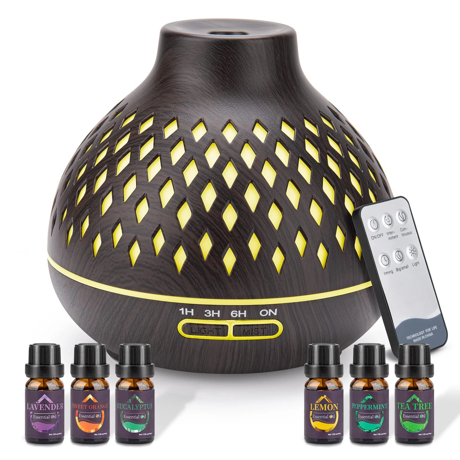 SPLITSKY 400ML Essential Oil Diffuser with 6*essential oil ，electric remote control aroma Air diffuser Humidifier with Waterless Auto-Off,7 LED Light Colors for Bedroom, home