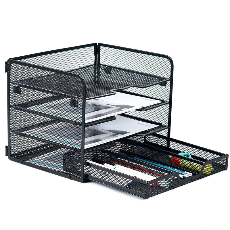 SETTFRFE 4-Tier Metal Mesh Stationery Tray, Desk Organizer For Office And Home, Carrying Small Items Organizer That Can Be Used Separately, Black.