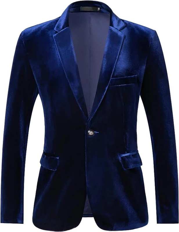 RONGKAI Mens Velvet Blazer Slim Fit Fashion Suit Jacket for Wedding Prom Dinner Party, Navy, M