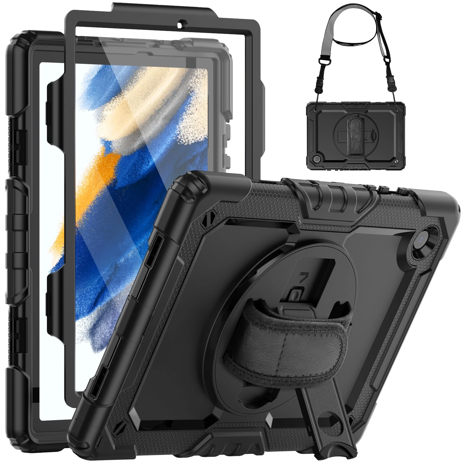 SEYMCY Case for Samsung Galaxy Tab A8 10.5 Inch 2022/2021, Full-body Shockproof with 360° Rotating Hand Strap & Stand, Screen Protector, Carrying Strap for Samsung A8 Tablet Case, Black