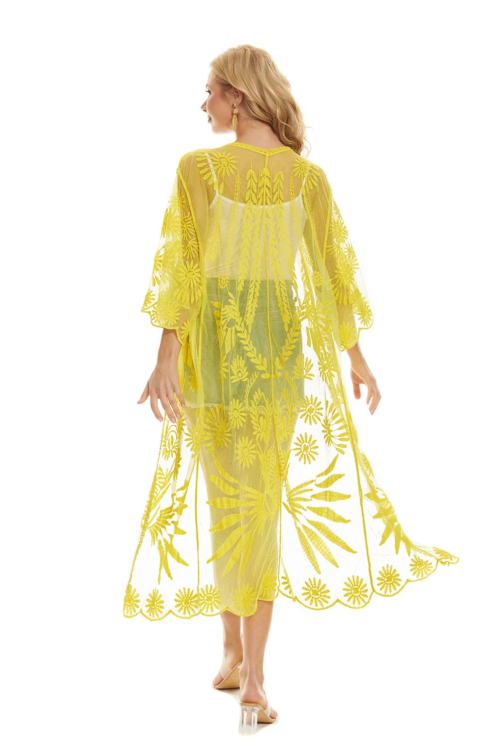 marysgift Women Swimsuit Cover Up Bathing Suit Kimono Long Beach Dress Floral Lace Bikini Swim Coverup Sun Protection Clothing Yellow 21023