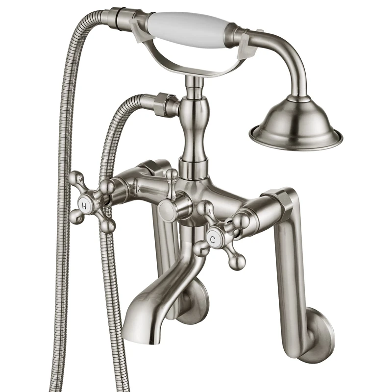 gotonovo Clawfoot Bathtub Faucet Tub Filler with Hand Held Shower Faucet Set Victorian Double Cross Handle 6 Inch Center Adjustable Swing Arms Tub Mount Long Adapter Brushed Nickel