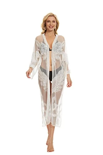 marysgift Beach Coverups for Women Summer Swimwear Bikini Lace Floral Long Lace Kimono Cardigan White 21042