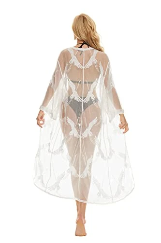 marysgift Women's Cotton Beach Cardigan Maxi Dress Long Kimono Swim Suit Cover Up Robe Sexy Summer Casual Swimwear White 21032