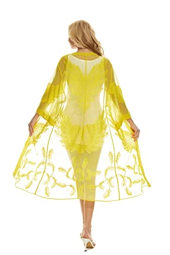 marysgift Lace Beach Cover Up See Through Kimono Summer Cardigan Bikini Cover Up for Swimwear Women Plus Size Yellow 21043