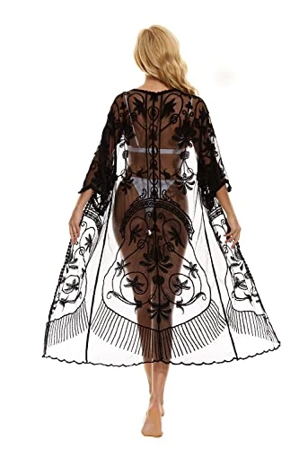 marysgift Kimonos for Women Black Sheer Sarongs Beachwear Swimwear Summer Duster Solid Open Front Dress Long Lace Cardigan Sheer Cover Up Black 21061