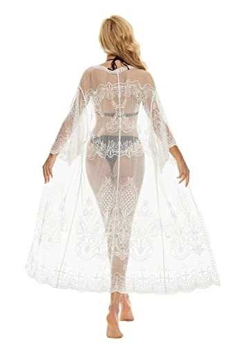 marysgift Women Print Loose Bathing Suit Cover Up Long Sleeve Kimono Open Front Summer Cardigan White 21082