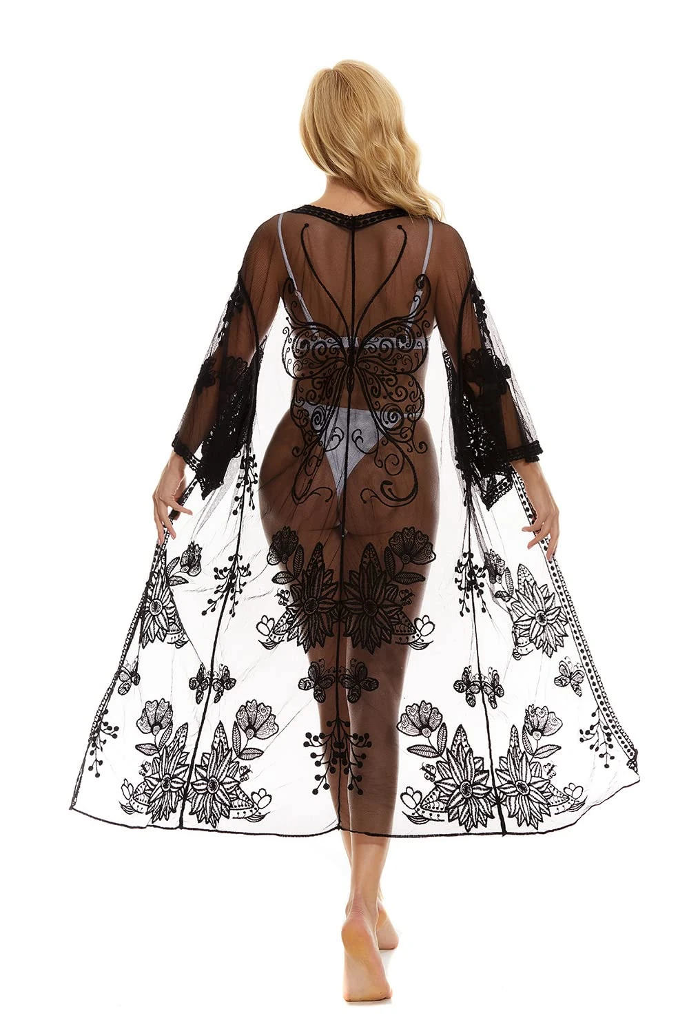 marysgift Kimono Cardigan Lace Mesh Embroidered Long Beach Dress Women V Neck Swimsuit Swimwear Cover Up Black 210121