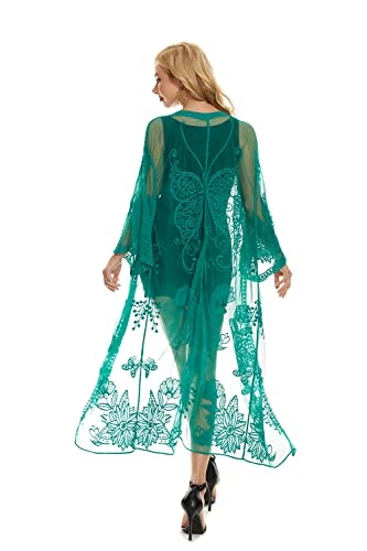 marysgift Womens Long Lace Swimsuit Cover Up Open Front Kimono Cardigans See Through Beach Blouses Bathing Suit Dress Robe Green 210124