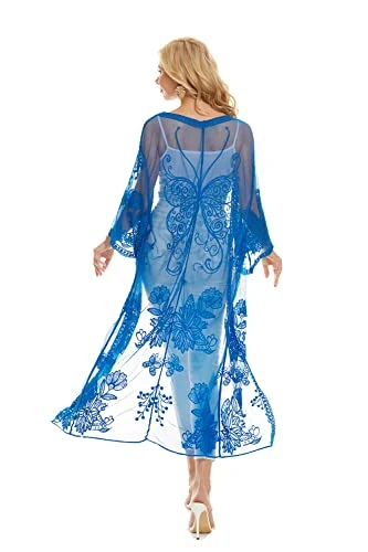 marysgift Women Cardigan Long Lace Butterfly Crochet Tops Open Front Sheer Kimonos Short Sleeve Cover Up Blue 210126