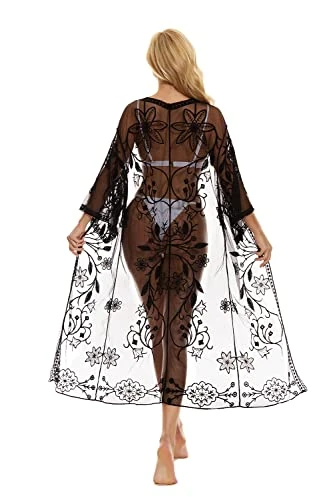 marysgift Plus Size Floral Lace Beach Bikini Cover Long Hollow Out Kimono Cardigans for Women Sexy See-Through Open Front Sarongs Bathing Suit for Summer Swimsuit Beachwear Dress Black 21071