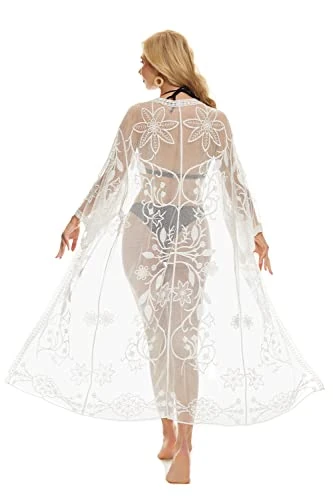 marysgift Kimonos for Women Sexy Hollow Out Perspective Cover Up Beach Wear Lace Crochet Open Front Kimono Cardigan White 21072