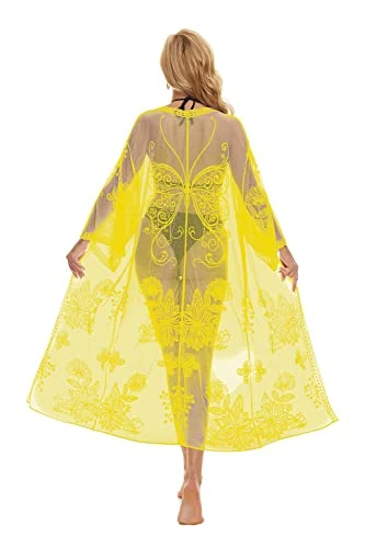marysgift Sexy See Through Swimsuit Cover Up for Women Mesh Bikini Beach Kimono Cardigan Yellow 210123