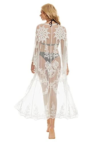 marysgift Women Kimono Cardigan Sexy Lace Long Sleeve Swimsuit Embroidery Floral Swim Dresses Beach Bikini Cover Up White 21092