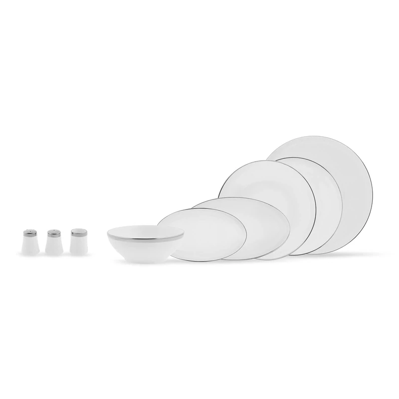 Karaca Streamline Eclipse 57-Piece New Generation Bone China Dinner Set for 12 People, Dinner Plates, Pasta Bowls, Side Plates, Soup Bowls, Serving Platters, Salad Bowl, Salt Shakers, White Platinum