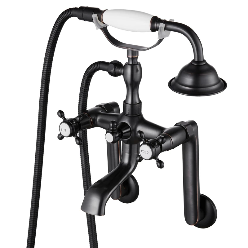 gotonovo Clawfoot Bathtub Faucet Tub Filler with Hand Held Shower Faucet Set Victorian Double Cross Handle 6 Inch Center Adjustable Swing Arms Tub Mount Long Adapter Oil Rubbed Bronze