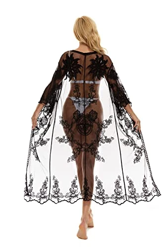 marysgift Swimsuit Cover Up Swimwear Kimono Summer Short Sleeve Beach Cardigan Long Lace Cover Ups for Women Black 21091