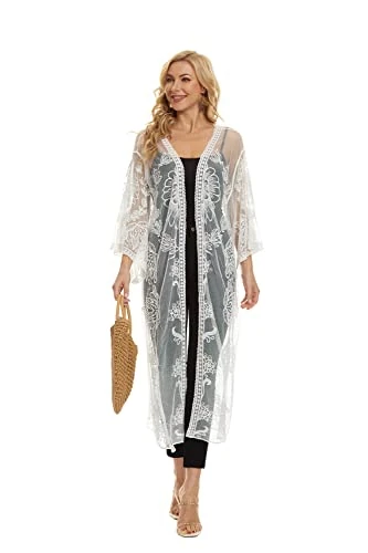 marysgift Beach Cover Up Crochet Beach Dress Sheer White Sarong Embroidered Fashion Long Kimono Swimsuit Lace Cardigan White 210132