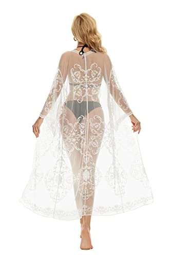 marysgift Lace Cardigan Beach Cover Ups for Women See Through Bikini Kimono Swimsuit Sexy Open Front Bathing Suit Swimwear White 210102