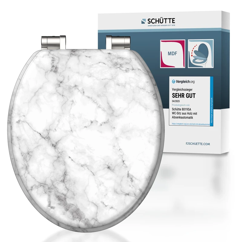 SCHÜTTE Marble Stone Toilet Seat with Soft-Close Mechanism, Wooden Toilet Seat with Toilet Lid, Wooden Core Toilet Lid with Motif (Maximum Load of The Toilet Seat 150 kg), White/Grey