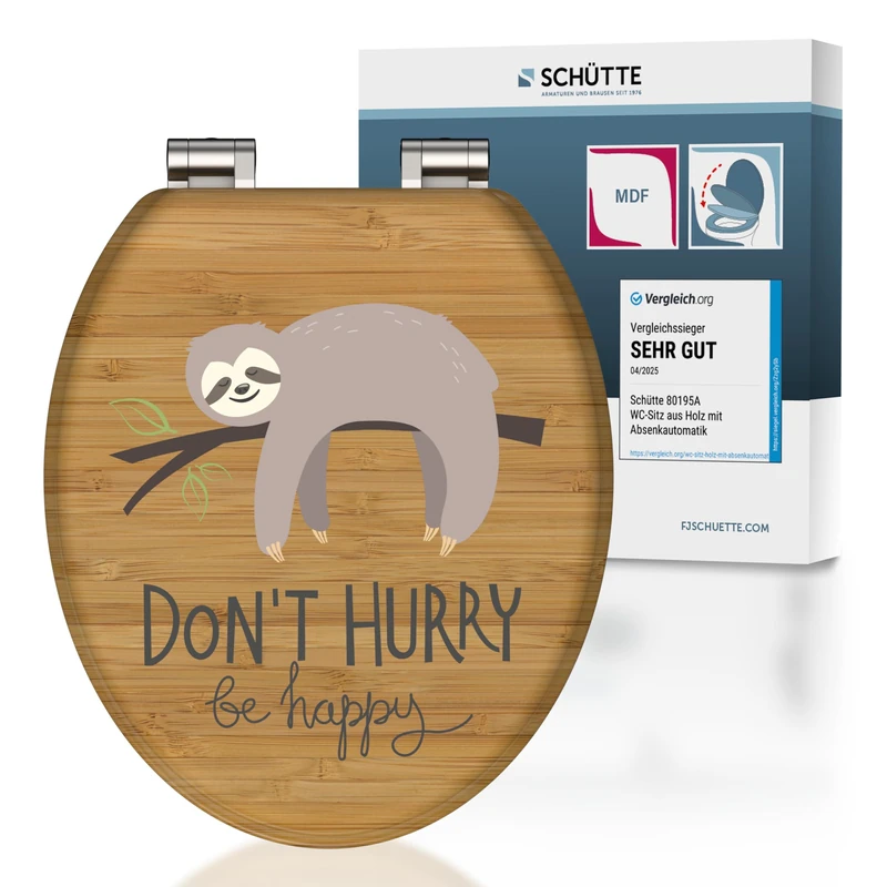 SCHÜTTE No Hurry Toilet Seat with Soft-Close Mechanism, Wooden Toilet Seat with Toilet Lid, Wooden Core Toilet Lid with Motif (Maximum Load of The Toilet Seat 150 kg), Wood Colour