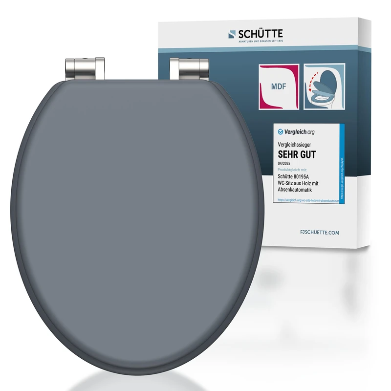 SCHÜTTE Spirit Grey Toilet Seat with Soft Close Mechanism, Wooden Toilet Seat with Toilet Lid, Wooden Core Toilet Lid (Maximum Load of The Toilet Seat 150 kg), Grey