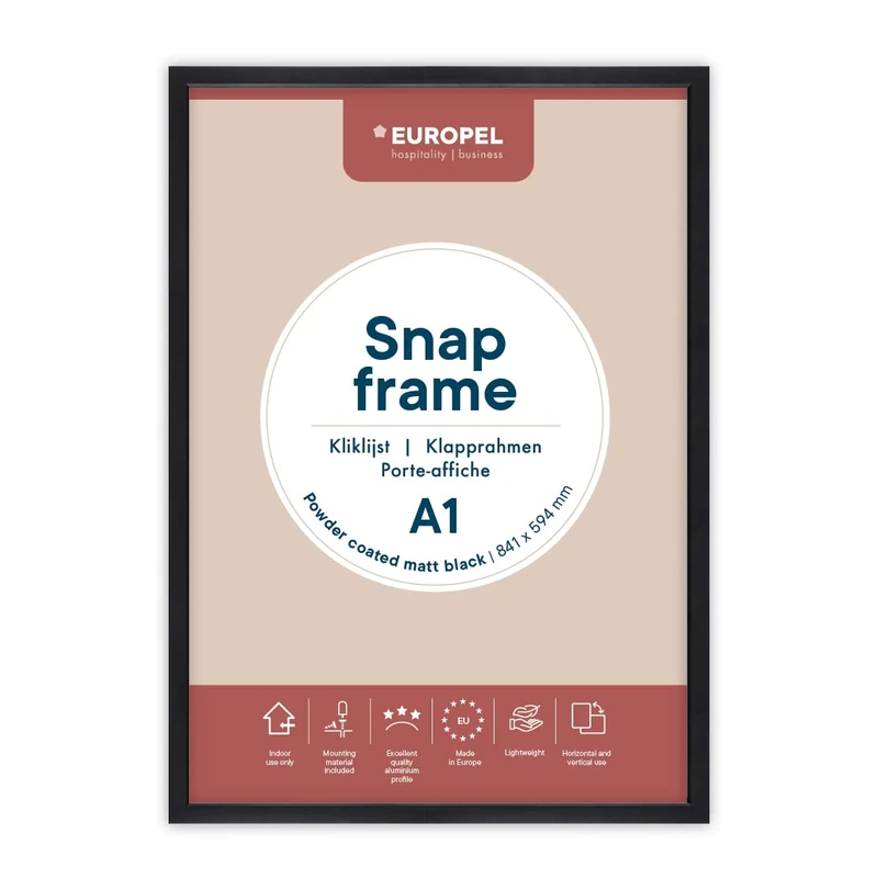 EUROPEL Poster Holder Frame Light A1 Matt Black and Powder Finish Profile 25 x 11 mm Anodised Aluminium and Anti-Glare Protector External Dimensions 625 x 872 mm Polystyrene Back Grey