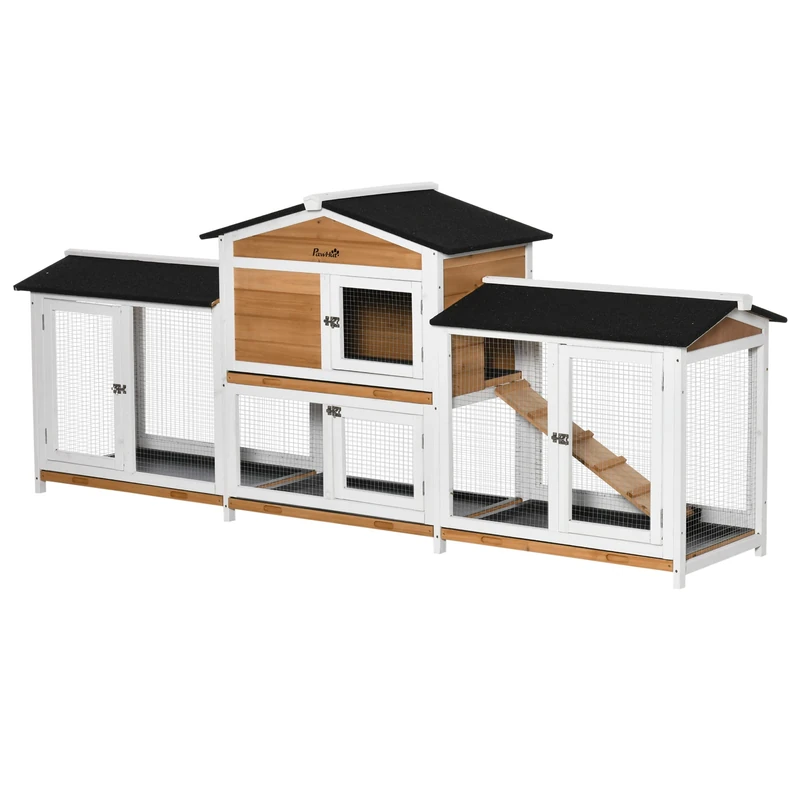 PawHut Large Rabbit Hutch Outdoor, 2-Tier Guinea Pig Hutch, Wooden Bunny Run, Small Animal House with Double Side Run Boxes, No-leak Plastic Tray, Ramp, 230 x 53 x 93.5cm, White