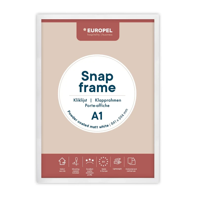 EUROPEL lightweight Snap frame A1, matt white powder-coated finish, Profile 25x11 mm, Anodized aluminum, anti-reflective protector, External dimensions 625x872 mm, Grey polystyrene back