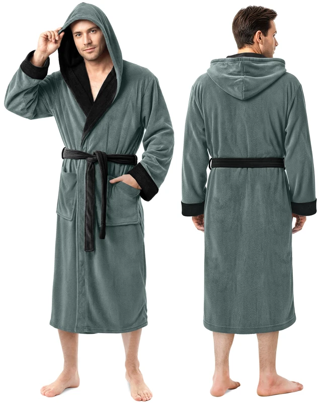 NY Threads Mens Hooded Fleece Robe - Plush Long Bathrobes, Steel Grey With Black Contrast, L-X-L