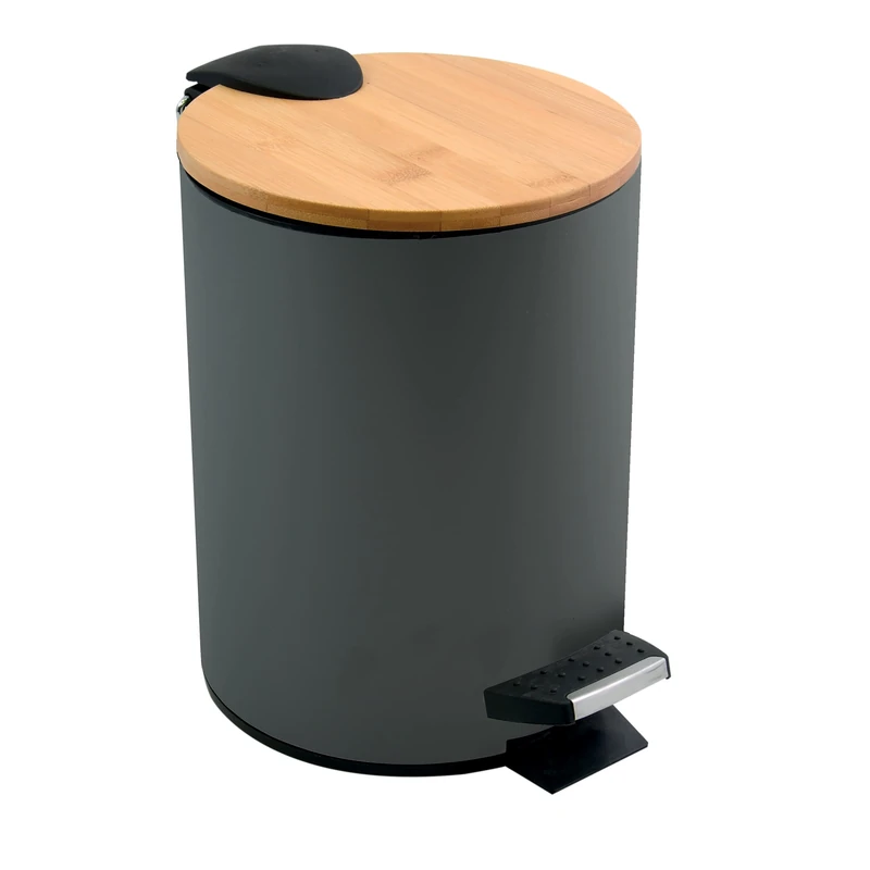 Spirella Adonis SP2302 Bathroom Trash Can 5 Litres Stainless Steel Bamboo with Automatic Closing and Inner Bucket, Soft Closing, Anthracite Plastic