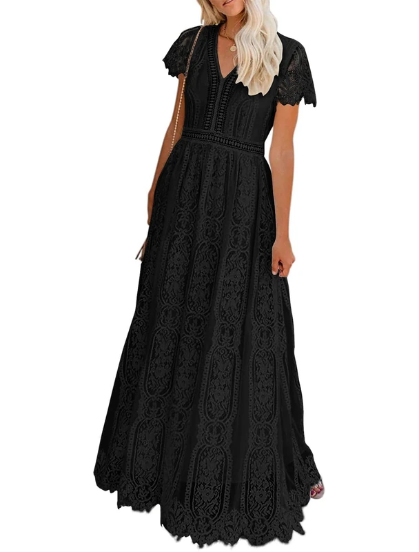Merokeety Women's V Neck Short Sleeve Floral Lace Wedding Dress Bridesmaid Cocktail Party Maxi Dress, Black, L