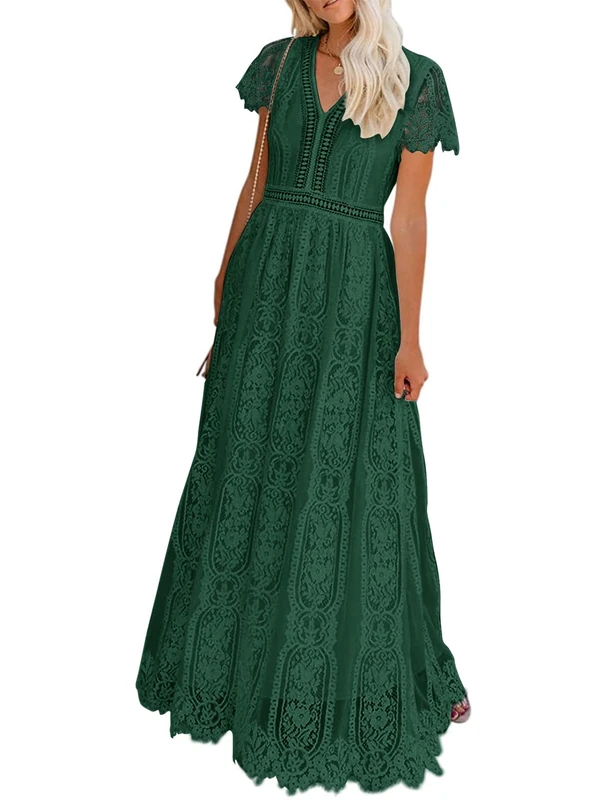 MEROKEETY Women's V Neck Short Sleeve Floral Lace Wedding Dress Bridesmaid Cocktail Party Maxi Dress, Dark Green, XL