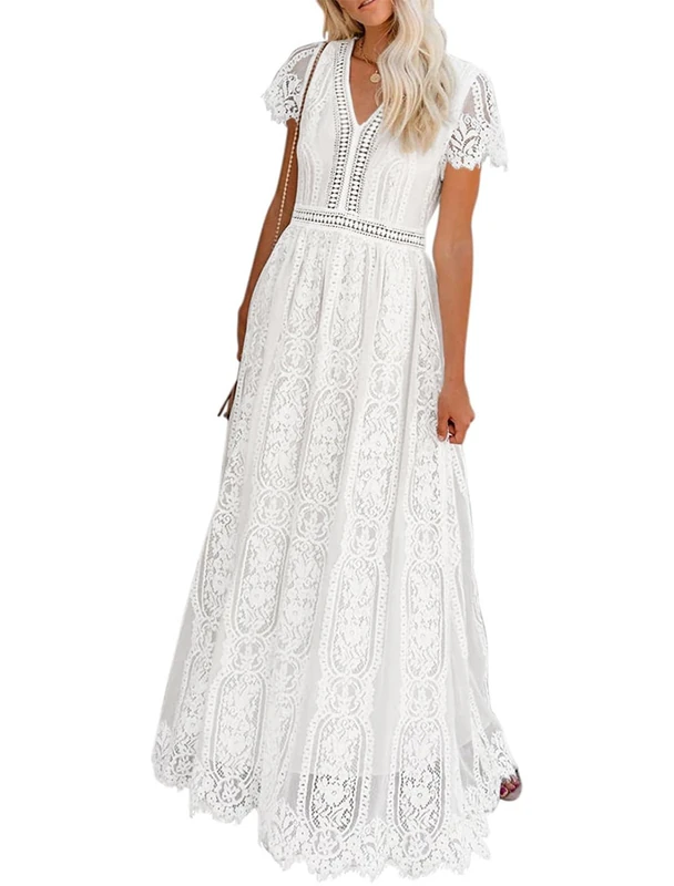 Merokeety Women's V Neck Short Sleeve Floral Lace Wedding Dress Bridesmaid Cocktail Party Maxi Dress, White, M