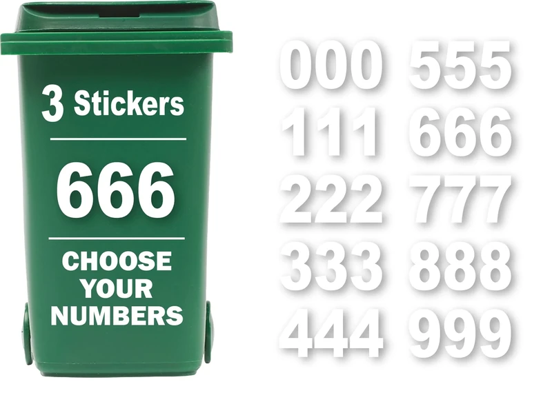 3 x Bin Numbers for Wheelie Bins, 0-9, Dustbin Stickers, Easy Application 17.5cm Stick On Number Stickers - Weatherproof Self Adhesive Vinyl (6)