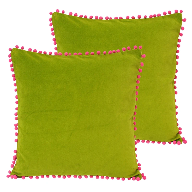 Paoletti Velvet Pompom Feather Filled Cushions (Twin Pack), Cotton, Green/Fuschia