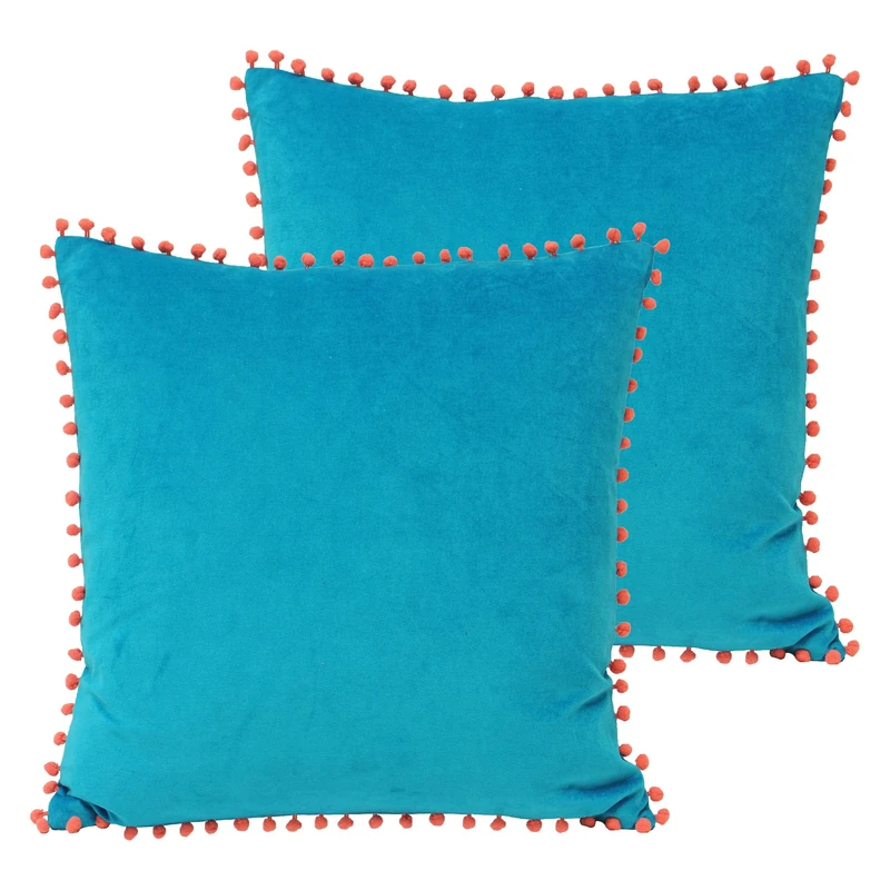 Paoletti Velvet Pompom Feather Filled Cushions (Twin Pack), Cotton, Teal/Coral