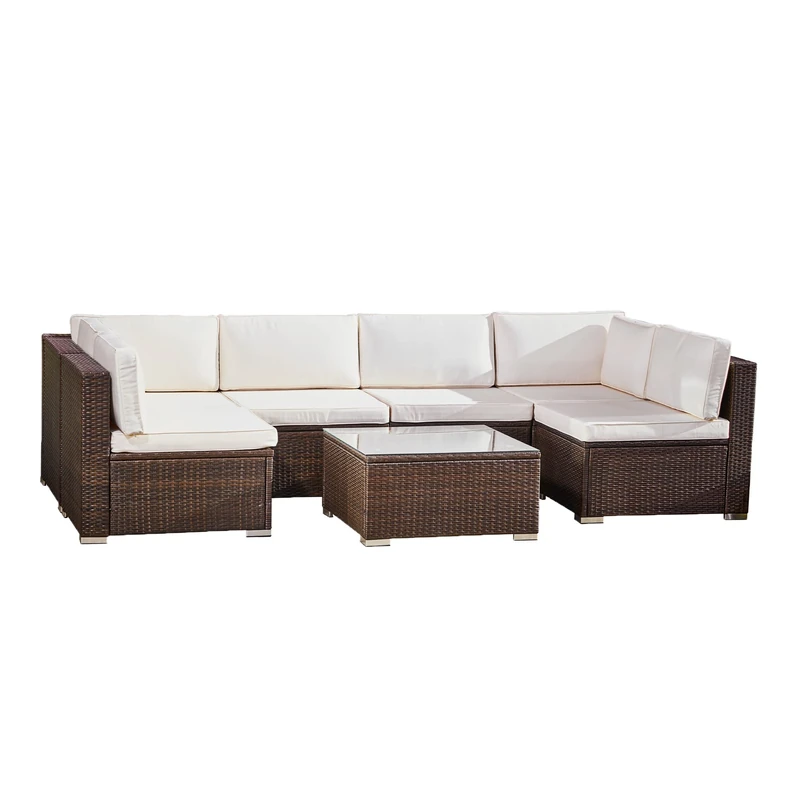 Teamson Home 7 Piece Patio Conversational Sofa Set, Includes 4 Middle Chairs, 2 Corner Chairs with Cushions and Glass Table, Rattan Outdoor Garden Set, Brown
