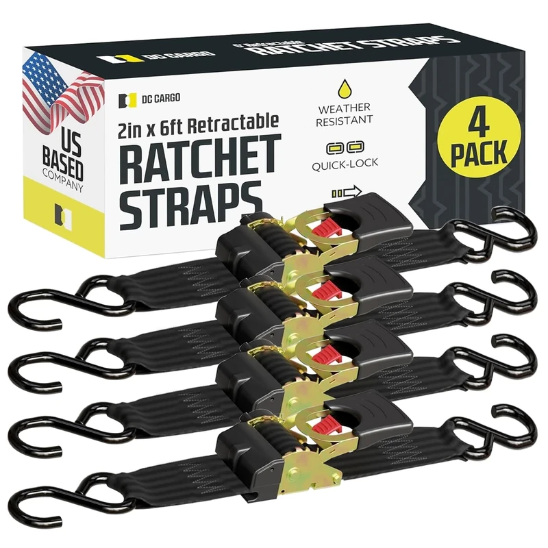 DC Cargo - Retractable Ratchet Strap, 4 Pack (2 inch x 6 feet) - Heavy Duty Tie Down Auto Retractable Ratchet Straps - Easy Self Contained Black Ratchet Strap Tie Downs for Trailers, Vehicles, Boat