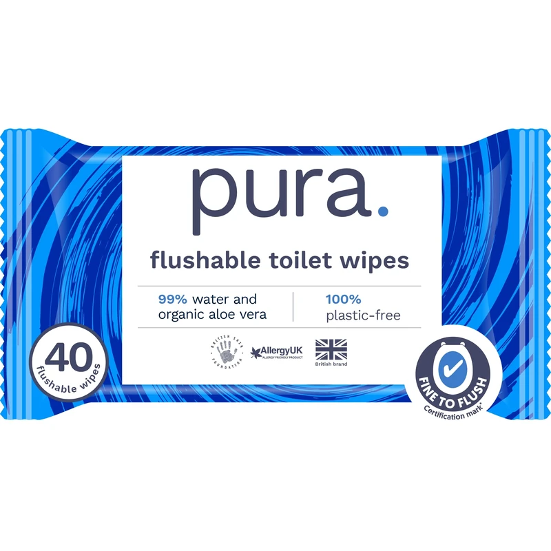 Pura Flushable Moist Toilet Tissue Wipes, 1 Pack of 40 Wet Wipes, 100% Plastic Free, 99% Water Clean Washlets, Certified ‘Fine to Flush’ Biodegradable, Compostable, Vegan, Gentle Clean