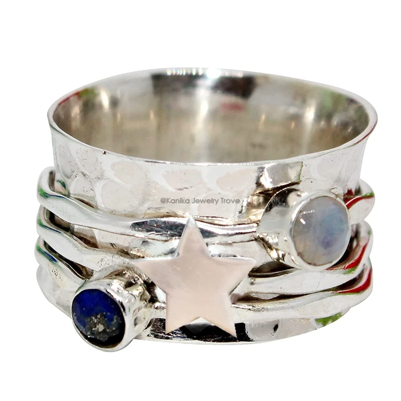 Two Tiny Gemstone Hammered Sterling Silver Band Spinner Ring, Chunky Star Meditation Yoga Wide Band Ring for Women, Customize your ring with any gemstone/birthstone, Size 5