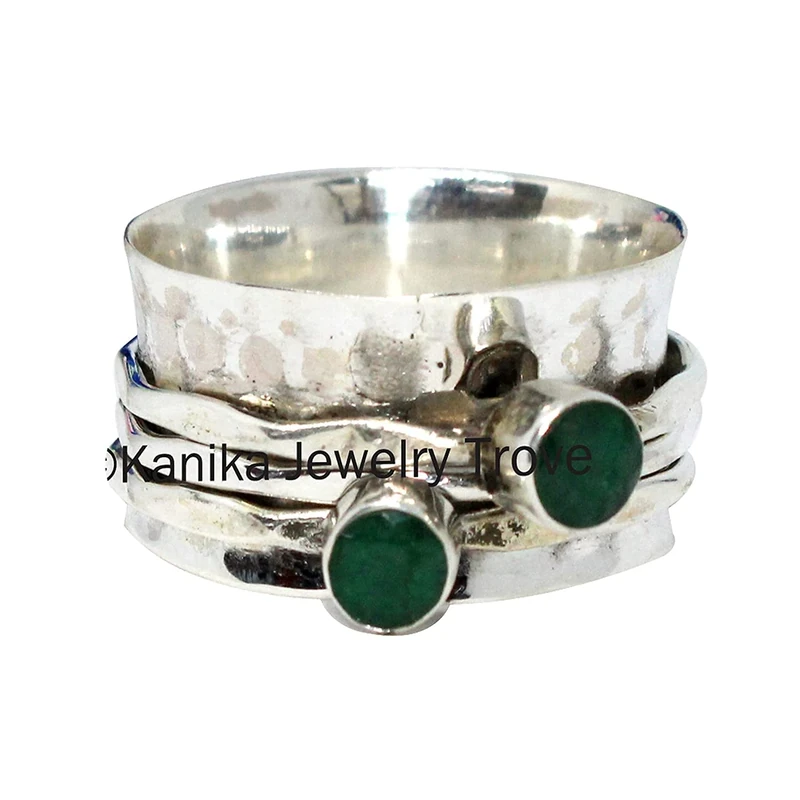 Spin Two Tiny Gemstone On Hammered Sterling Silver Band Spinner Ring, Chunky Anxiety, Worry, Thumb Ring Meditation Yoga Wide Band Ring for Women, Size 6