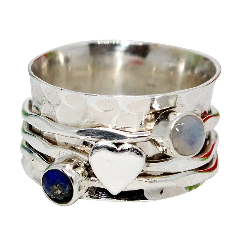 Amethyst, Moonstone Two Tiny Gemstone (Customisable) Hammered Sterling Silver Band Spinner Ring for Women, Spinning Ring, Hammered Ring, Heart Meditation Yoga Wide Band Ring for Size 5.5