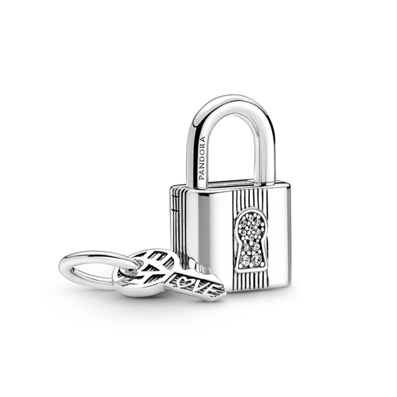 PANDORA Padlock & Key Dangle Charm - Sterling Silver Bracelet Charm Compatible Moments - Gift for Her - No Box