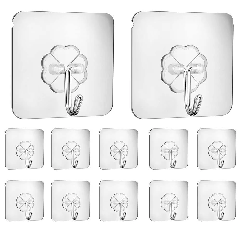 LAOLINGSY Self Adhesive Hooks, Waterproof Heavy Duty Wall Hooks for Home Kitchen Bathroom Hanging Coat Cloth Towel Key Decorations (12 Pack)