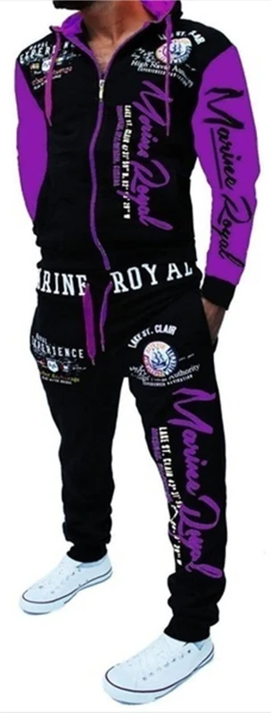 HHGKED Men 's Casual Tracksuit Hooded Full Zip Elastic Waistband Sweatsuit Set, Purple, Medium